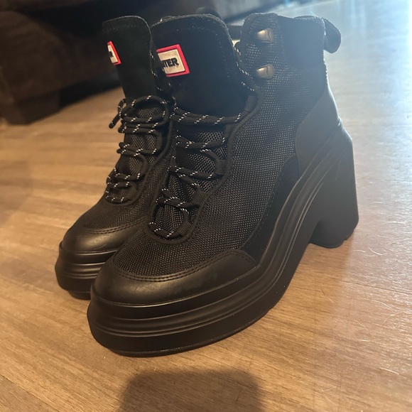 Hunter Black Lace Up Platform Boots - Picture 1 of 4